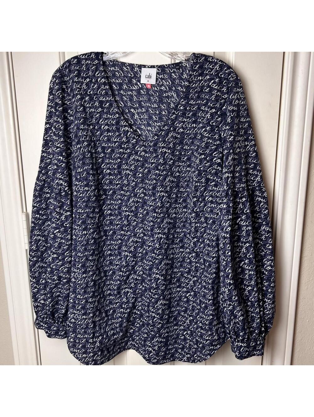 CAbi Blouse Tunic Womens Pullover LS Te Amo Love Print 5336 Navy Blue M Romantic
